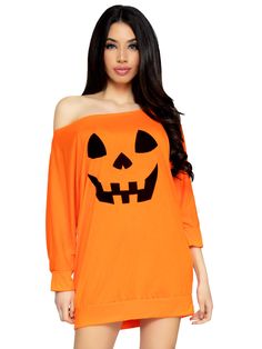 PRICES MAY VARY. Keep things classy this spooky season with the Leg Avenue Jersey Pumpkin Dress. This casual Halloween costume features a jersey sweatshirt style dress with off the shoulder top and jack-o-lantern design Whether you're dressing up for trick-or-treating or an after-hours Halloween party, You'll keep it cute and comfortable in the jersey knit dress with long sleeves and folded hem Rock your spooky vibes anywhere you go with the contrasting smiling jack-o-lantern pattern SM fits siz Casual Halloween Costumes, Comfy Lounge Wear, Long Sleeve Jersey Dress, Pumpkin Dress, Casual Halloween, Cotton Jersey Dress, Zucca Halloween, Halloween Long Sleeve, Couples Halloween