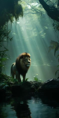 a lion standing in the middle of a forest with sunlight streaming through it's branches