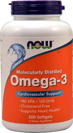 Molecularly Distilled. Cardiovascular Support. 180 EPA / 120 DHA. Cholesterol-Free. Supports Heart Health. Supportive but not conclusive research shows that consumption of EPA and DHA omega-3 fatty acids may reduce the risk of coronary heart disease.  . The Natural Fish Oil Concentrate used in this softgel is manufactured under strict quality control standards. It is tested to be free of potentially harmful levels of contaminants (i.e. mercury, heavy metals, PCB's, dioxins, and other contam Omega 3 Fish Oil, Now Foods, Heavy Metals, Essential Fatty Acids, Fish Oil, Calorie Diet, Natural Food, Omega 3, Health And Wellbeing