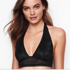 Sexy Cute Vs Black Bralette New Without Tags Bra-friendly Backless Halter Top For Night Out, Bra Friendly Halter Neck Top For Night Out, Backless Night-out Bra With Built-in Support, Chic Low-cut Bra For Parties, Chic Low-cut Party Bra, Elegant Bra-friendly Halter Neck Intimate, Low-cut Bra For Night Out, Elegant V-neck Bra For Party, Victoria's Secret Low-cut Bra For Night Out