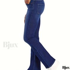 Bjux - Navy Blue High-Stretch Flared Jeans with Bell Bottom Design and Wide Legs, Featuring Slash Pockets - Premium Womens Denim Pants and Apparel Slim Fit Medium Wash Bottoms, Medium Wash Stretch Straight Pants, Dark Wash Stretch Pants With Standard Cut Leg, Denim Blue Slim Fit Bottoms, Stretch Dark Wash Pants With Standard Cut Leg, Dark Wash Stretch Pants, Medium Wash Stretch Bottoms, Dark Wash Slim Fit Full-length Bottoms, Stretch Straight Denim Blue Pants