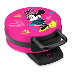 a pink and black mickey mouse lunch box with handle on the lid, sitting in front of a white background