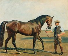 a painting of a man leading a brown horse across a dry grass field with another man standing next to it