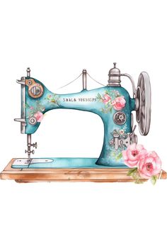 a blue sewing machine with pink flowers on the front and side, sitting on top of a wooden shelf