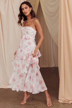 Layer Midi Dress, Midi Dress Floral, Nude Strappy Heels, Selfie Leslie, Anniversary Dinner, Tiered Ruffle Skirt, Floral Print Fabric, Ruched Bodice, Floral Print Maxi Dress