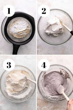 four pictures showing how to make cake batter