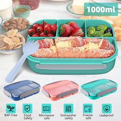 this is an image of a lunch box with food and utensils in it