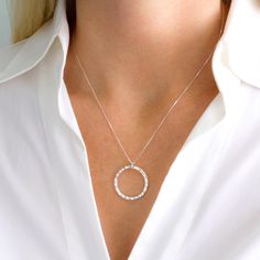 "Sterling Silver Hammered Circle Pendant Necklace, FREE SHIPPING, Hammered Ring Jewelry, Silver Round Hoop Pendant, Women's Simple Loop Necklace OVERVIEW: * Beautiful, elegant, bright and sturdy 14, 16, 18, 20, or 22 inch 925 sterling silver chain. Choose from a 0.7 mm 925 sterling silver box chain, 1 mm petite 925 sterling silver cable link chain, petite 925 sterling silver cable chain with elegant 2 mm satellite beads, or the versatile 925 sterling silver 1 mm bead chain. * High polished 925 s Everyday Silver Hoop Necklaces, Everyday Sterling Silver Hoop Necklaces, Sterling Silver Hoop Necklace As A Gift, Diamond Cut Open Circle Jewelry, Sterling Silver Full Circle Necklace For Everyday, Sterling Silver Hammered Circle Jewelry, Sterling Silver Necklace With Adjustable Open Circle Chain, Modern Sterling Silver Full Circle Necklace, Nickel-free Sterling Silver Circle Necklaces