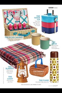 the contents of a picnic basket and other items are shown in this magazine, including an oven