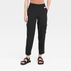 Women's High-Rise Ankle Cargo Pants - A New Day™ Black M Spring Tapered Leg Pants With Multiple Pockets, Ankle-length Cargo Pants With Elastic Waistband, Summer Workwear Pants With Flap Pockets, Trendy Ankle-length Cargo Pants With Elastic Waistband, Workwear Bottoms With Multiple Pockets For Spring, Trendy Cargo Pants With Elastic Waistband And Tapered Leg, Bottoms With Multiple Pockets For Work, Spring, Spring Utility Cropped Leg Cargo Pants, Spring Cropped Leg Utility Cargo Pants