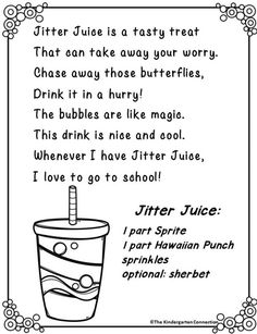 Jitter Juice Recipe With Free Printable Poem for Back to School Kindergarten Poems, Preschool First Day, Classroom Essentials, First Day School