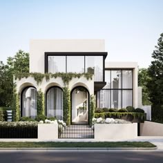 this is an artist's rendering of a modern house with ivy growing on the windows