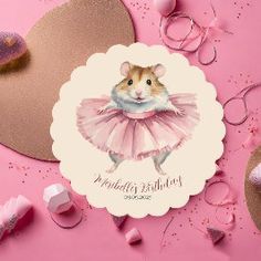 a card with a mouse in a pink dress