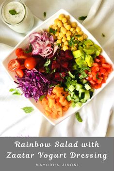 rainbow salad with zaata, yogurt dressing and fresh vegetables