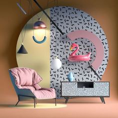 a pink chair sitting in front of a mirror next to a wall with birds on it