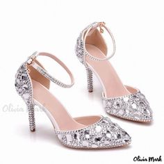 Olivia Mark - Exquisite Frosty White Rhinestone-Embellished Ankle Strap Stiletto Pumps Glamorous Wedding Shoes With Rhinestones And Ankle Strap, Glamorous Rhinestone Wedding Shoes With Ankle Strap, Bling Heels With Pointed Toe For Wedding, Silver Crystal Ankle Strap Heels, Crystal High Heel Wedding Shoes, Wedding Heels With Bling And Pointed Toe, Crystal Ankle Strap Heels For Evening, Fitted Ankle Strap Heels With Rhinestones, Crystal Embellished High Heels