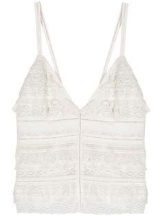 Lace Tops With Ruffles And Spaghetti Straps, White Sleeveless Lace Top With Delicate Straps, Lace Top With Ruffles And Spaghetti Straps, Lace Tops With Spaghetti Straps And Ruffles, White Lace Trim Tank Top For Party, White Sleeveless Lace Top With Ruffles, White V-neck Camisole With Ruffles, White V-neck Ruffled Camisole, Lace Ruffled Cami Tank Top