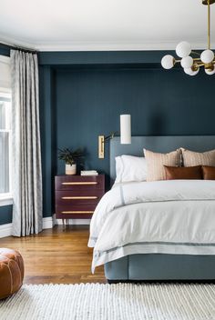 1910 Row House - Transitional - Bedroom - by Twelve Chairs Interiors | Houzz Blue Upholstered Bed, Boston Interiors, Blue Linen Bedding, Transitional Bedroom, How To Dress A Bed, Row House