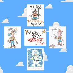 four cartoon pictures with words written on them in different colors and sizes, including one for kids to color