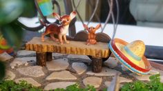 small figurines sitting on top of a wooden bench next to plants and rocks