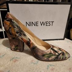 Nine West Velvet Print Heels Spring Brown Court Shoes With Block Heel, Spring Brown Block Heel Court Shoes, Spring Brown Court Shoes Medium Width, Brown 4-inch Heel Court Shoes For Spring, Summer Almond Toe Court Shoes With Stacked Heel, Spring Brown Court Shoes With Stacked Heel, Brown Court Shoes With Stacked Heel For Spring, Shoes Brand, Nine West Shoes