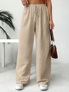 Women's Casual Drawstring Waist Pants Khaki Casual   Viscose Plain Wide Leg Non-Stretch  Women Clothing, size features are:Bust: ,Length: ,Sleeve Length: Modest Pants, Modest Hijab, Drawstring Waist Pants, Fancy Makeup, Women Pants, Waist Pants, Kids Beachwear, Women's Casual, Fashion Online Shop