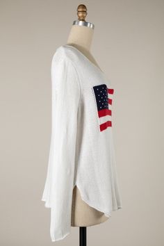 Round nevk soft knit sweater in white with Red, White, and Blue flag. Small fits 2-6, Medium fits 6-10, Large fits 10-14 Miss Americana, Flag Sweater, Usa Sweater, Feeling Nostalgic, Striped Vase, American Flag Design, White Flag, Blue Flag, Everyday Basics