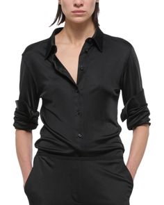 Helmut Lang Cotton Fluid Slim Shirt Luxury Collared Tops For Evening, Classic Silk Top For Night Out, Luxury Black Button-up Top, Black Luxury Button-up Top, Luxury Black Tops For Workwear, Casual Black Silk Shirt, Casual Black Silk Top, Luxury Relaxed Fit Workwear Tops, Black Relaxed Fit Formal Top