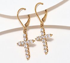 Signs of faith and fashion-forward style emanate from these lever-back earrings that showcase a pave cross covered in cubic zirconia Diamonique simulated diamonds. Leverback Earrings, Cross Designs, Earrings Sterling Silver, Ear Piercings, Sterling Silver Earrings, Cubic Zirconia, Fashion Forward, Platinum, Gold Plate