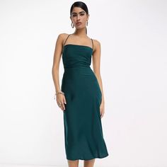 Square Neck Cross-Back Straps Zip-Side Closure Slim Fit Teal Midi Dress, Teal Green Dress, Grad Dresses, Asos Dresses, Teal Color, Size 6 Dress, Teal Green, Back Strap, Square Neck