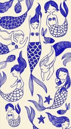 an image of mermaids in blue ink with the words let's go under the sea