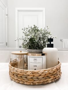 a wicker basket filled with personal care items on top of a white countertop