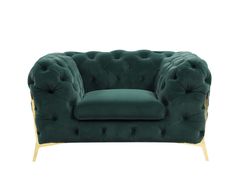 a green velvet couch with gold legs and buttons on the back, sitting in front of a white background