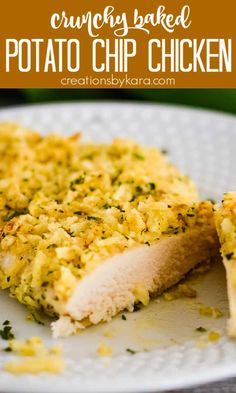 a close up of a piece of food on a plate with the words crunchy baked potato chip chicken