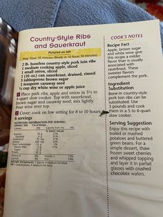 an open book with instructions on how to cook and read the recipe for country - style ribs and sauerkraut