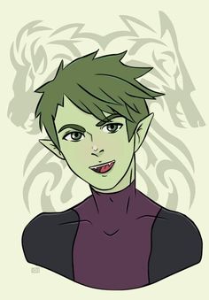 a drawing of a young man with green hair and an evil look on his face