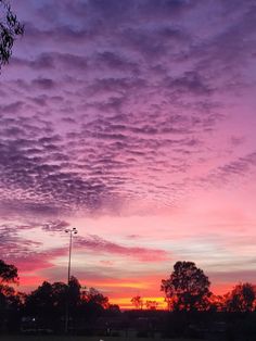 the sky is purple and pink as the sun sets in the distance behind some trees