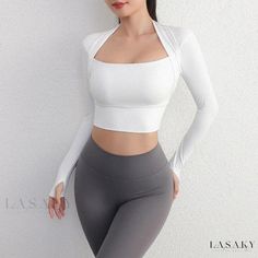 Lasaky - Womens Breathable Yoga Top with Removable Chest Pad, Crop Length, Moisture-Wicking Material, Form-Fitting for Training and Running, with Long Sleeves for Athletic Appeal. Trendy Bodysuits, Low Cut Shirt, Trendy Bottoms, Trendy Activewear, Yoga Crop Tops, Trendy Leggings, Trendy Outerwear, Slim Fit Crop Top, Yoga Outfits