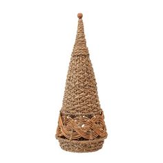 a brown wicker cone shaped object with an intricate knot on the top and bottom