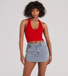 This basic crop top is perfect for day or night styling! Made with a flattering halter V-neckline, a cropped hem, and stretchy rib knit fabric, this top is perfect for any occasion. Complete the look with a denim jacket, shorts, and boots!Fit & FeaturesStretchy rib knit fabricHalter V-necklineCropped hemRuns true to size Red Stretch Halter Neck Crop Top, Seamless Cropped Red Crop Top, Seamless Red Cropped Crop Top, Casual Red Halter Neck Crop Top, Red Ribbed Crop Top For Summer, Boots Fit, Basic Crop Top, Denim Skort, Halter Bodysuit