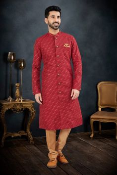 Banarasi Jacquard Lovely Red Color Festive Wear Readymade Indo Western Designer Suit, Suit For Men, Silk Bottoms, Festive Wear, Men's Wear, Red Fabric