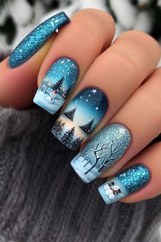 61 Stunning Blue Christmas Nail Ideas for 2024 Blue Christmas Gel Nails, Christmas Nails 2023 Trends Blue, Blue Nail Christmas Design, Christmas Nail Designs Blue And Silver, Blue Nail Designs 2024