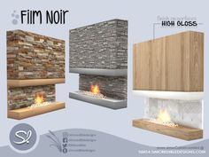 three different types of fireplaces with wood and stone on the sides, one is built into