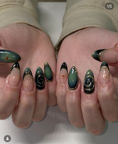 Almond Acrylic Nails Green, Burgundy And Green Nails, Nailspo Almond, Nail Designs Simple Almond, Almond Nails Green, Green And Purple Nails, Green Almond Nails, 22 Bday, Bday Nails