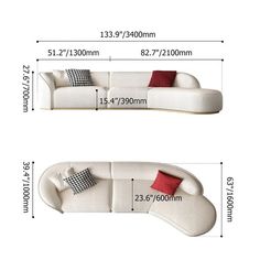 two white couches with red pillows and measurements for each seat, from the top to the bottom