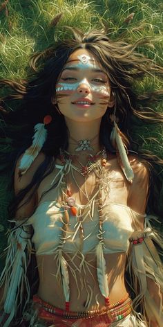 a woman with feathers on her head laying in the grass