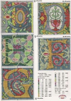 four cross stitch patterns with different colors and designs on the same page, each showing an image