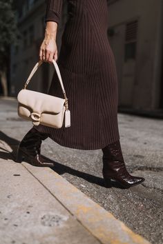 Coach Pillow Tabby Bag and brown boots - my most loved bags in my closet Coach Pillow Tabby, Coach Pillows, Brown Dress