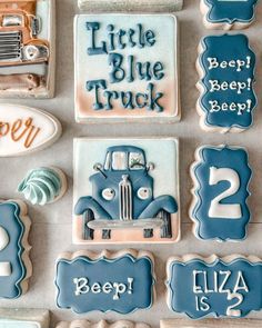 Kid's Birthday Children's book inspired Custom design cookies.  Collage of custom design cookies decorated with inspiration from the children's book Little Blue TruckNorthern Kentucky custom cookies, butter cookies, sugar cookies, little blue truck children's book cookies.  MH Cookie Shoppe #CookiesBringJoy Book Cookies, Design Cookies, Lincoln Birthday, Farm Themed Birthday Party, Blue Birthday Parties, Boys 1st Birthday Party Ideas, Cookies Sugar