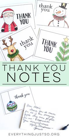 thank you notes with christmas pictures on them and the words thank you written in black ink